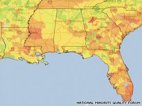 In this map of AIDS prevalence rates in the Southeast, red represents the highest (0.593 percent or greater).