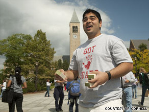 Cornell student Vishnu Patel wears a "Got Soap" shirt as he spreads awareness about the flu.