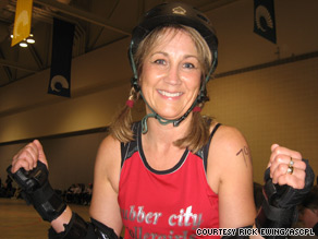 Librarian Beth Hollis gets ready to rumble in her Rubber City Rollergirls gear.