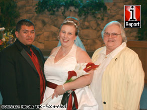 Nicole Thompson-Arce poses on her wedding day with her husband, Mathew Arce, and her ex-mother-in-law.