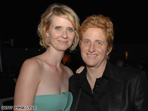 "Sex and the City" star Cynthia Nixon and her partner Christine Marinoni, left, at a 2008 reception.