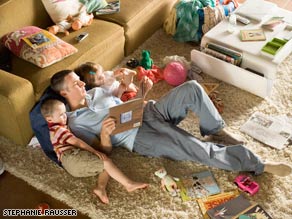 Dad plays with kids and leaves mess for mom to clean up, author says.