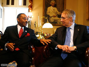 Sens. Reid and Dick Durbin, left, talk to reporters after their meeting with Burris.