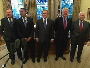Barack Obama meets with President Bush and past presidents in the Oval Office on Wednesday.