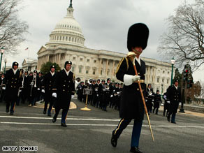 Marching bands practice in front of the U.S. Capitol during an inaugural rehearsal on Sunday.