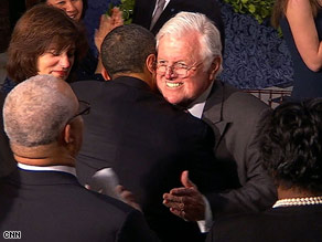 President Obama greets Sen. Kennedy at the luncheon in the Capitol.