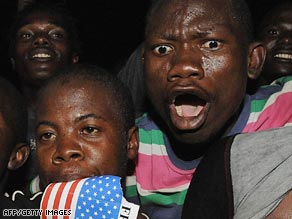 People celebrate in Kisumu, Kenya, following President Obama's inauguration