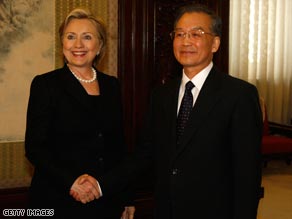 U.S. Secretary Of State Hillary Clinton meets Chinese Prime Minister Wen Jiabao in Beijing.