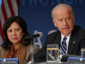 Vice President Joe Biden and Labor Secretary Hilda Solis appear at the meeting of the First Middle Class Task Force.