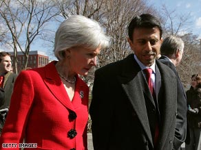 Kansas Gov. Kathleen Sebelius walks with Louisiana Gov. Bobby Jindal after meeting with the president this week.