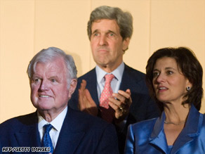 Sen. Ted Kennedy, left, with his wife, Victoria, and Sen. John Kerry at the Kennedy Center on Sunday night.