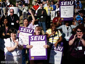 Workers rally in support of the Employee Free Choice act in Lafayette Square in Washington on Monday.