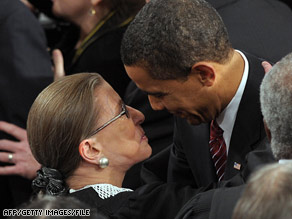 President Obama greets Justice Ruth Bader Ginsburg on her arrival for his February 24 address to Congress.