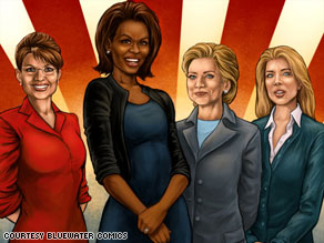 No capes, no tights: Female Force stars Sarah Palin, Michelle Obama, Hillary Clinton and Caroline Kennedy.