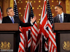 British Prime Minister Gordon Brown, left, and President Obama speak in London, England, on Wednesday.