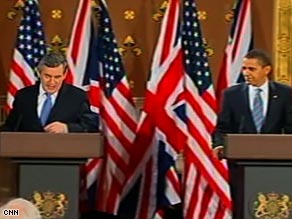 British Prime Minister Gordon Brown, left, and President Obama speak in London, England, on Wednesday.