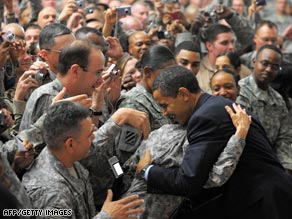 President Obama greets troops during a visit to Camp Victory on Tuesday.