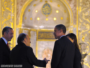 Obama (second right) at the Hagia Sophia in Istanbul during his bridge-building and sight-seeing trip to Turkey.