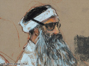 Khalid Sheikh Mohammed, seen in a December sketch, was waterboarded 183 times in a month, a memo says.