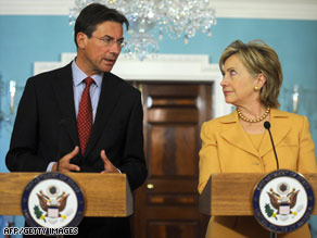 Hillary Clinton and Dutch Foreign Minister Maxime Verhagen talk after their meeting Monday in Washington.