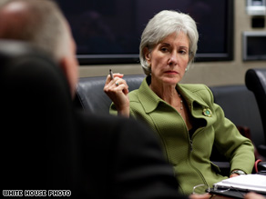 Kathleen Sebelius dives into discussing the swine flu at the White House after being sworn in.