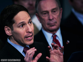 New York Health Commissioner Thomas Frieden, left, with Mayor Michael Bloomberg, discusses swine flu last month.