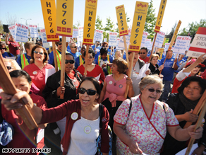 Nurses in Los Angeles rally for a universal single-payer healthcare system.