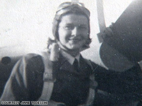 Women Airforce Service Pilot Elizabeth L. Gardner prepares for takeoff at a Texas airfield.
