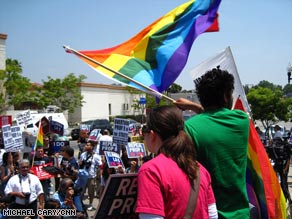 A crowd protests the court ruling upholding Proposition 8 in Los Angeles, California, Tuesday.