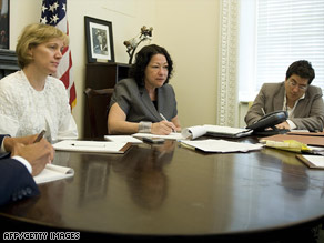 Judge Sonia Sotomayor, center, meets with staffers from the White House Counsel's Office on Monday.