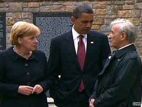 President Obama visits Buchenwald with Chancellor Angela Merkel, left, and survivor and activist Elie Wiesel.