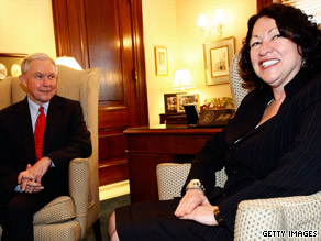 Sen. Jeff Sessions, the judiciary panel's ranking Republican, meets with Judge Sonia Sotomayor.