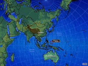 The map shows the Pacific island nation of Palau in relation to China. Palau has also agreed to take some Uighurs.
