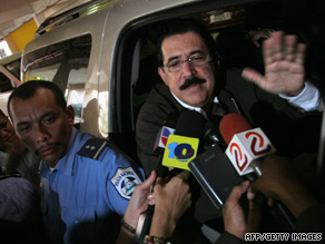 Ousted President Jose Manuel Zelaya talks to reporters in Nicaragua after being denied entry to Honduras.