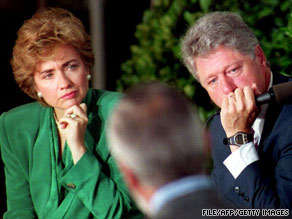 In 1993, President Bill Clinton and First Lady Hillary  Clinton listen to a man's story about health care problems.