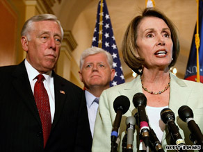 Majority Leader Steny Hoyer, left, Rep. John Larson and Speaker Nancy Pelosi address the news media Monday.