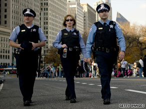 Police officers in Chicago, Illinois, patrol the streets in November 2008.