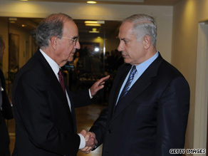 U.S. Mideast peace envoy George Mitchell, left, meets Israeli Prime Minister Benjamin Netanyahu on Tuesday.