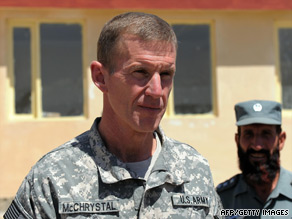 Gen. Stanley McChrystal visits an Afghan National Police compound. He called for a change of strategy Monday.