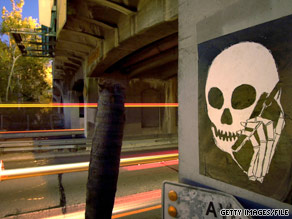 A graffiti image gets the message across on a Los Angeles, California, underpass.