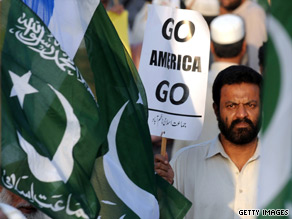 A member of an Islamic fundamentalist party protests the aid bill October 2 in Pakistan.