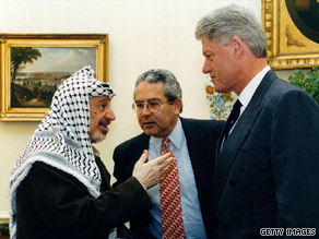 Gamal Helal (middle) assists during a meeting between Yassar Arafat and then-president Bill Clinton.