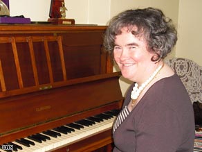 Susan Boyle at home with her piano.