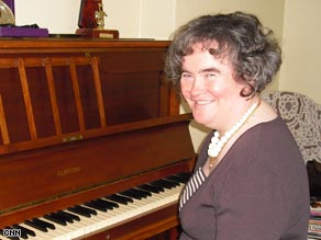 Susan Boyle as she looked during a performance filmed at a Scottish football club in 1984.