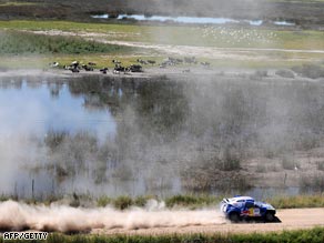 Sainz powers his Volkswagen through the tough roads on the first stage to Santa Rosa.