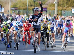 Haussler celebrates after taking the honors in the second stage of Paris-Nice on Monday.