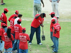 Groundsmen battled to no avail to try and make the outfield at the Vivian Richards Stadium fit for Test cricket.