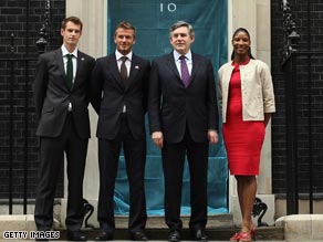 Prime Minister Gordon Brown is flanked by Beckham and Lewis with Murray on the left.