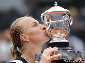 Kuznetsova kisses the French Open trophy after her comprehensive victory over Dinara Safina.