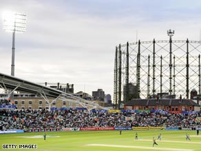 The Oval cricket ground under floodlights.